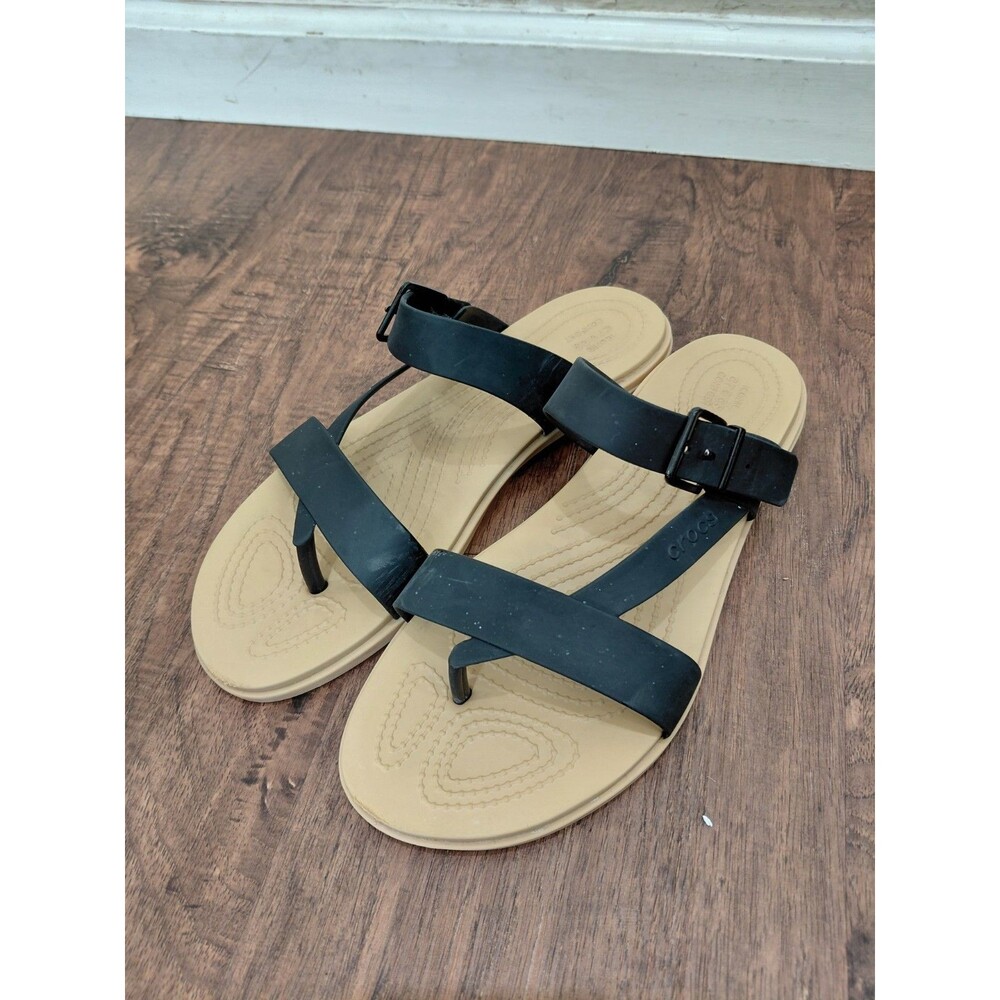 Crocs Tulum Toe Post Sandal Black Tan Rubber Comfort Sandals, Size Womens 10 - Picture 3 of 12